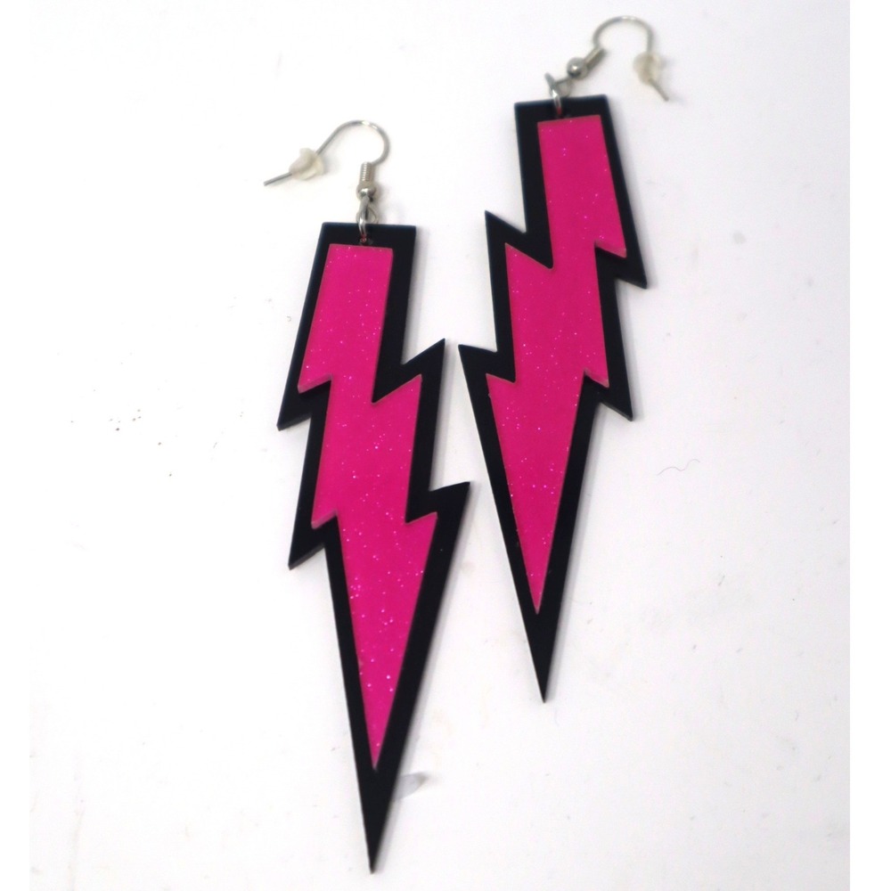 Pink Lightning Bolt Earrings Glitter Acrylic Retro Statement 80s Y2K Neon Hot